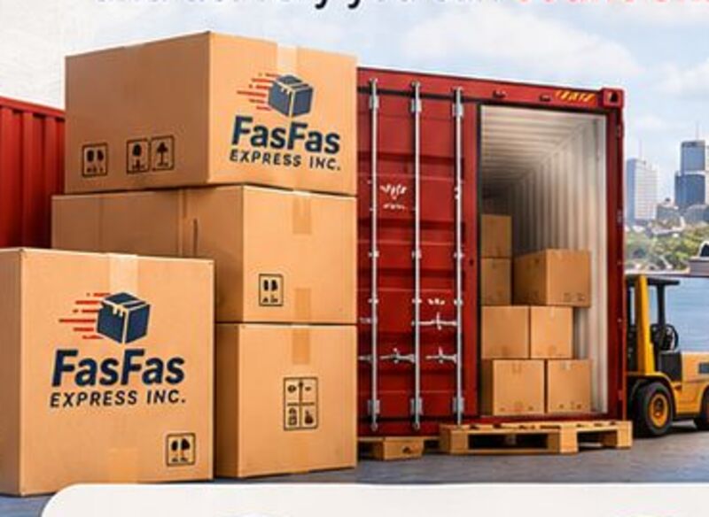 Boxes marked FasFas Express being loaded into a shipping container