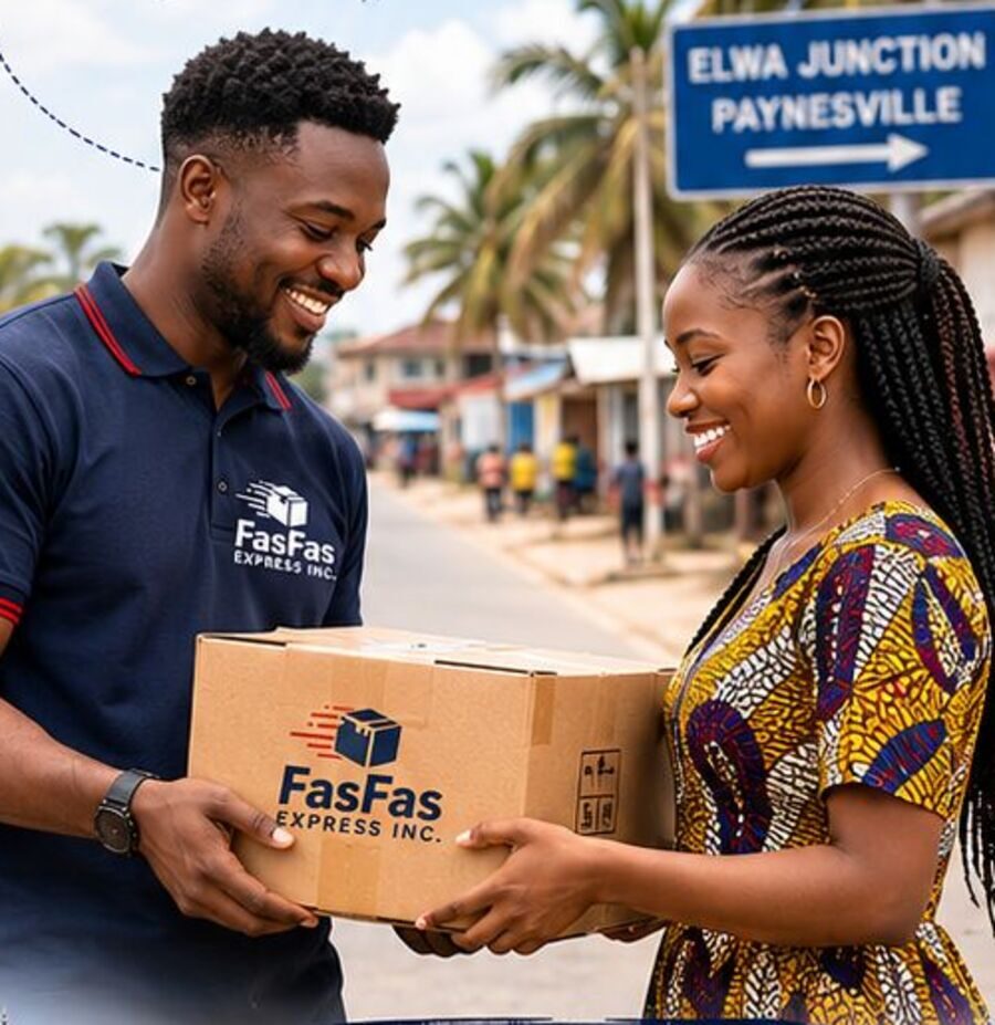 A FasFas Express agent handing a parcel to a customer at ELWA Junction, Paynesville